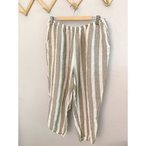 Flax tan striped linen pull on pants side slit L